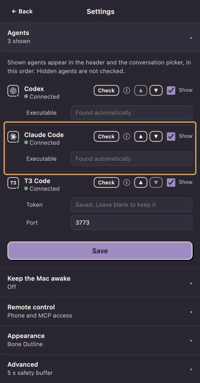 Settings in Agent Auto-Continue with the Agents section open, listing Codex, Claude Code and T3 Code, each marked Connected. An amber box marks the Claude Code row, with its Check button and an Executable field left to be found automatically.