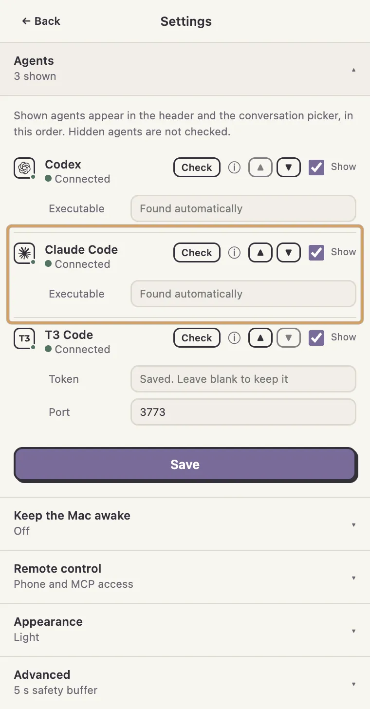 Settings in Agent Auto-Continue with the Agents section open, listing Codex, Claude Code and T3 Code, each marked Connected. An amber box marks the Claude Code row, with its Check button and an Executable field left to be found automatically.