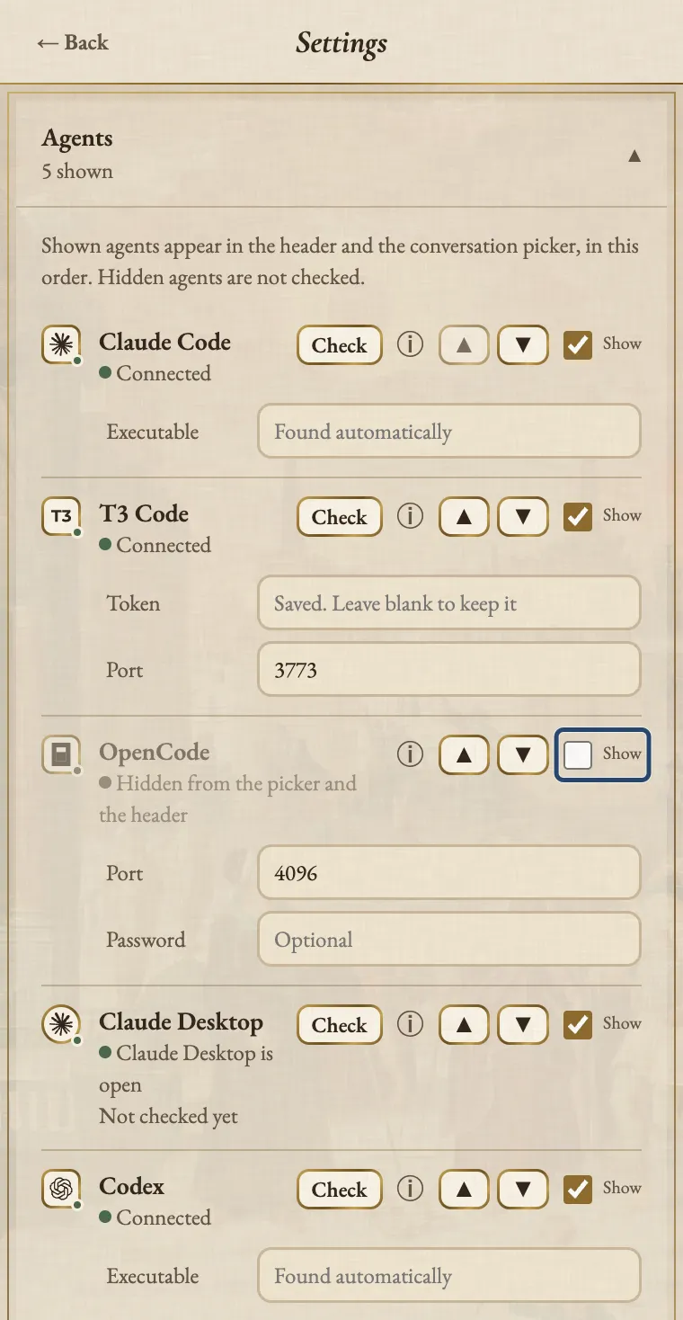 Agent Auto-Continue Settings with the Agents section open and 5 shown: Claude Code moved to the top, then T3 Code, a dimmed OpenCode row marked hidden from the picker and the header, Claude Desktop and Codex. A blue box marks the unticked Show box for OpenCode.