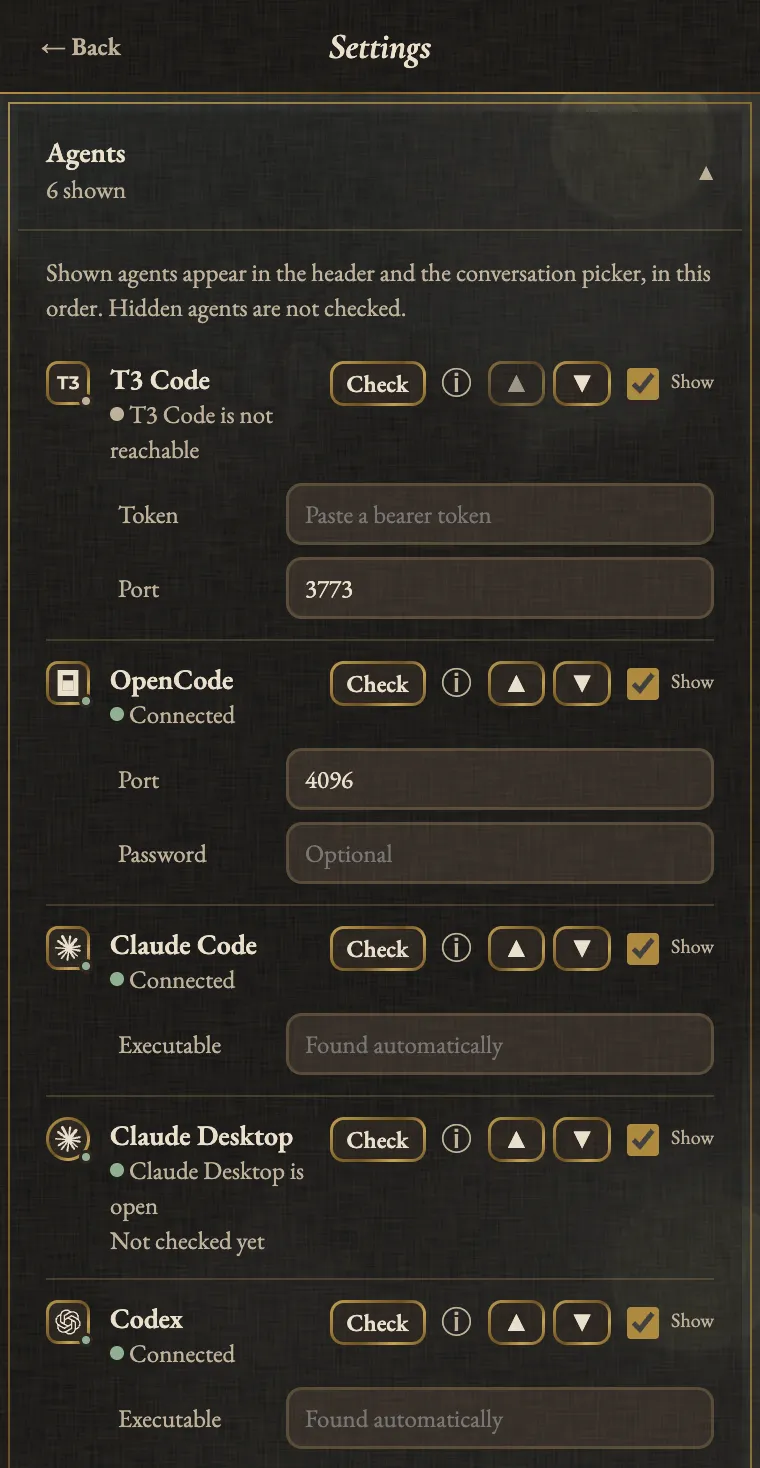 Agent Auto-Continue Settings on first launch with the Agents section open and 6 shown, listing T3 Code, OpenCode, Claude Code, Claude Desktop and Codex, each with a Check button, an info icon, reorder arrows and a Show box. T3 Code is not reachable yet and its token field asks for a bearer token, while the others are connected or open.