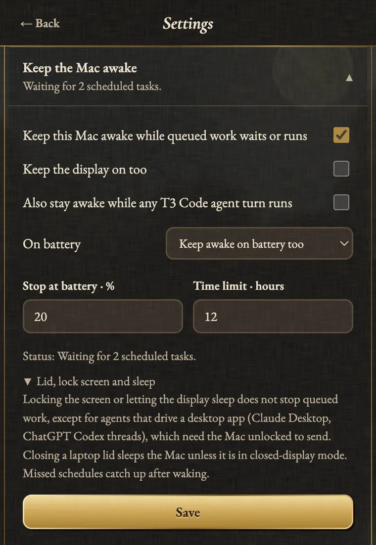 The Keep the Mac awake section of Agent Auto-Continue Settings, switched on and waiting for 2 scheduled tasks, with Keep the display on too unticked, Keep awake on battery too, a 20 percent battery floor, a 12 hour time limit and a note on lid, lock screen and sleep.