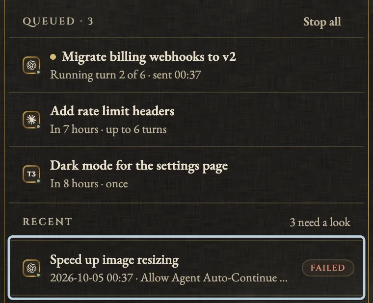 The Agent Auto-Continue queue with three items, and under Recent a ChatGPT (Codex) message, Speed up image resizing, marked Failed with the note Allow Agent Auto-Continue in, cut short. A blue box marks that row.