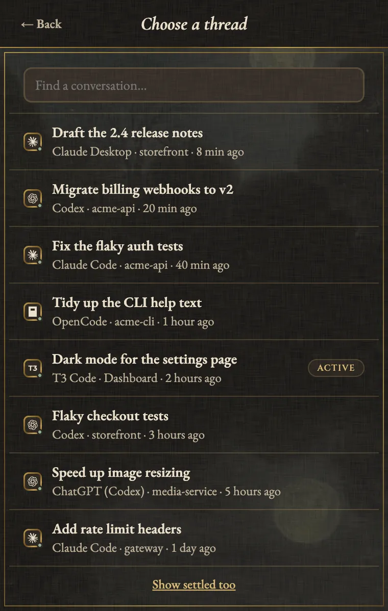 The Agent Auto-Continue conversation picker, Choose a thread, listing eight conversations newest first from Claude Desktop, Codex, Claude Code, OpenCode, T3 Code and ChatGPT (Codex), each with its agent mark, project and age, from Draft the 2.4 release notes 8 minutes ago to Add rate limit headers a day ago.