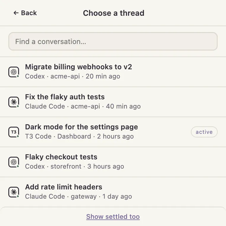 The conversation picker in Agent Auto-Continue listing recent threads from Codex, Claude Code and T3 Code in one list, newest first, each with its agent mark and project name.