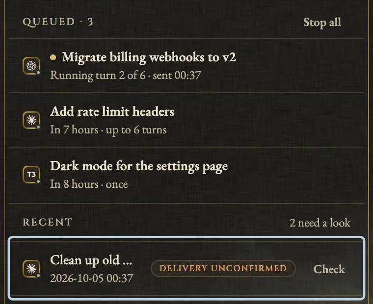 The Agent Auto-Continue queue with three items, and under Recent a Claude Code message, Clean up old flags, marked Delivery unconfirmed with a Check button beside it. A blue box marks that row.