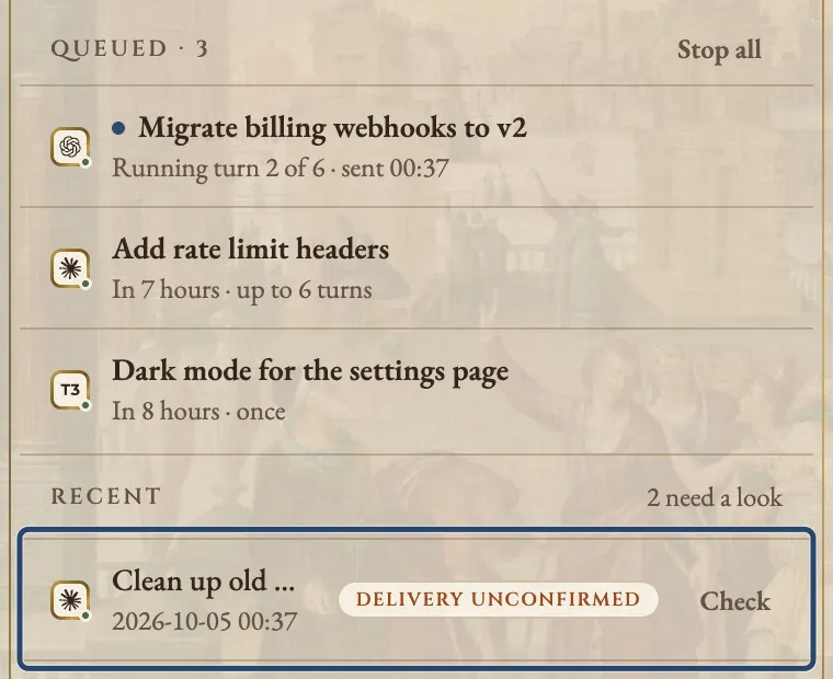 The Agent Auto-Continue queue with three items, and under Recent a Claude Code message, Clean up old flags, marked Delivery unconfirmed with a Check button beside it. A blue box marks that row.