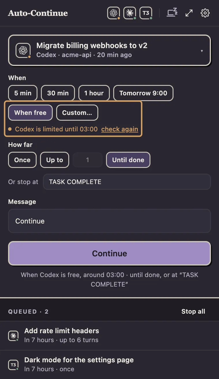 The Agent Auto-Continue menu-bar rail with the Codex thread "Migrate billing webhooks to v2" chosen, When free selected, and Until done with the stop phrase TASK COMPLETE. An amber box marks the When free button and the note that Codex is limited until 03:00.