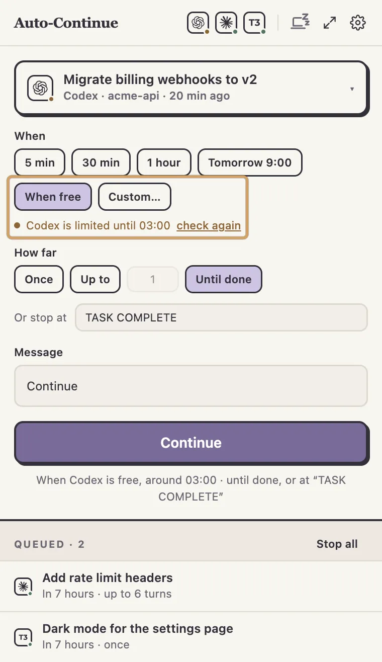The Agent Auto-Continue menu-bar rail with the Codex thread "Migrate billing webhooks to v2" chosen, When free selected, and Until done with the stop phrase TASK COMPLETE. An amber box marks the When free button and the note that Codex is limited until 03:00.